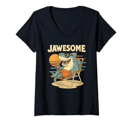 Damen Jawesome Shark STRANDSTUHL T-Shirt mit V-Ausschnitt Damen Jawesome Shark STRANDSTUHL T-Shirt mit V-Ausschnitt von Shark Funny Design Co.