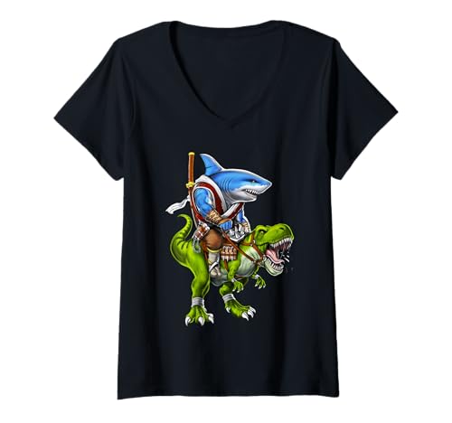 Damen Hai reiten t-rex Dinosaurier Samurai Ninja lustiger hai T-Shirt mit V-Ausschnitt von Shark Funny Shark Lover