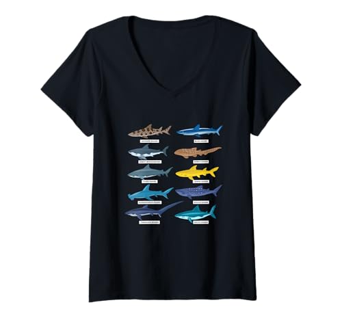 Damen Haiarten Great White, Hammerhead, Tiger, Ocean Predator T-Shirt mit V-Ausschnitt Damen Haiarten Great White, Hammerhead, Tiger, Ocean Predator T-Shirt mit V-Ausschnitt von Shark Gifts by TC