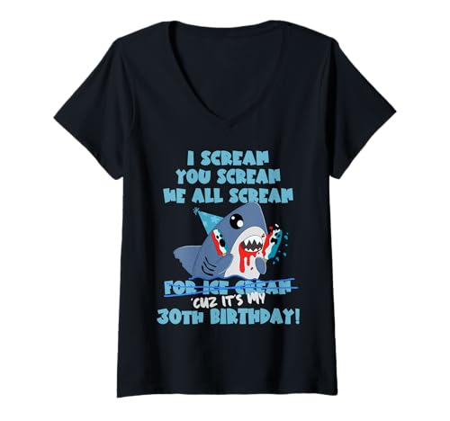Damen Lustiges Strand-/Pool-Sommer-Thema Thirty zum 30. Geburtstag T-Shirt mit V-Ausschnitt Damen Lustiges Strand-/Pool-Sommer-Thema Thirty zum 30. Geburtstag T-Shirt mit V-Ausschnitt von Shark Ice Cream Thirtieth Birthday 30 Years Old