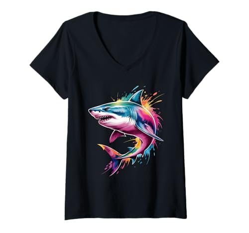 Damen Hai-Poster-Stil, Bunte Farbspritzer, Kunstgrafik T-Shirt mit V-Ausschnitt Damen Hai-Poster-Stil, Bunte Farbspritzer, Kunstgrafik T-Shirt mit V-Ausschnitt von Shark Lover Apparel & Arts