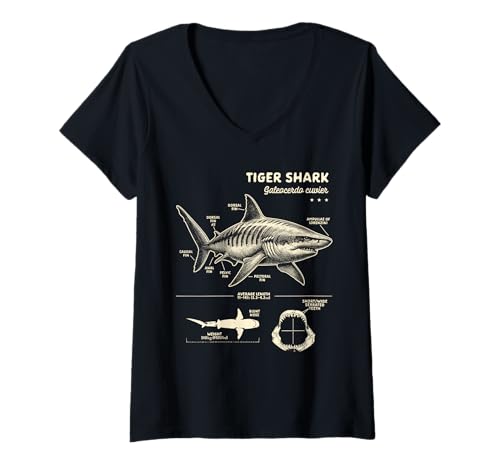 Damen Tiger Shark Lover Ocean Exploring Die Anatomie des Tigerhais T-Shirt mit V-Ausschnitt Damen Tiger Shark Lover Ocean Exploring Die Anatomie des Tigerhais T-Shirt mit V-Ausschnitt von Shark Lover Sea Animal Lover Exploring