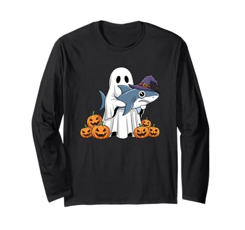 Lustiger Geist Hai Kürbis Halloween Kinder Herren Damen Langarmshirt von Shark Lovers Cute Halloween Outfits for Boy Girl