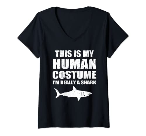 Damen Mein Hai-Kostüm T-Shirt mit V-Ausschnitt von Shark Novelty Apparel