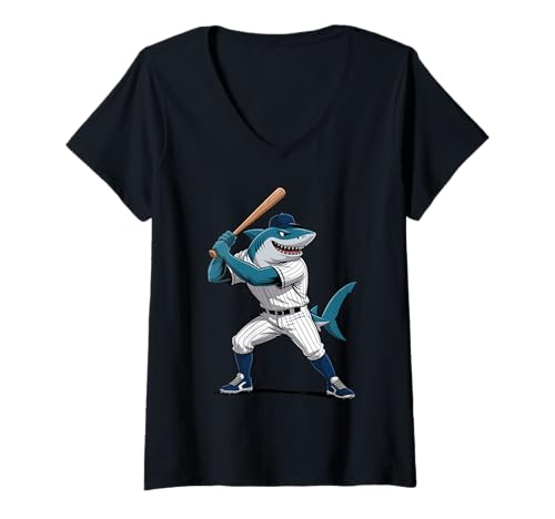 Damen Lustiger Hai spielt Bowling Kunstwerk Tier Baseballer T-Shirt mit V-Ausschnitt Damen Lustiger Hai spielt Bowling Kunstwerk Tier Baseballer T-Shirt mit V-Ausschnitt von Shark Playing Baseball Graphic