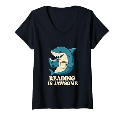 Damen Lustiges Design Reading Shark Coffee Lover T-Shirt mit V-Ausschnitt Damen Lustiges Design Reading Shark Coffee Lover T-Shirt mit V-Ausschnitt von Shark Reading and Coffee Humor Apparel