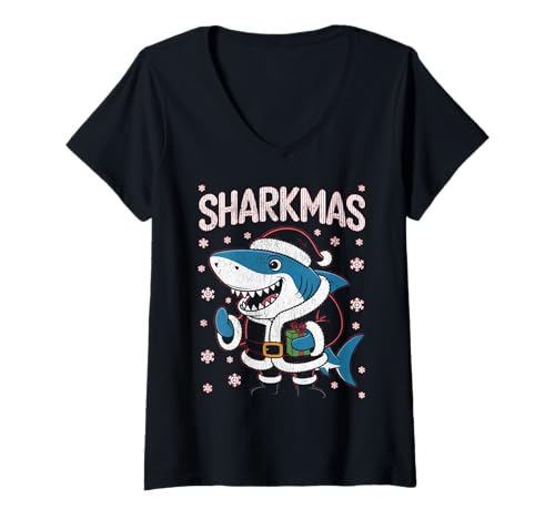 Damen Sharkmas Lustiger Hai-Weihnachtsmannmütze, hässlicher Weihnachtspullover T-Shirt mit V-Ausschnitt Damen Sharkmas Lustiger Hai-Weihnachtsmannmütze, hässlicher Weihnachtspullover T-Shirt mit V-Ausschnitt von Shark Santa Hat Ugly Christmas Sweater