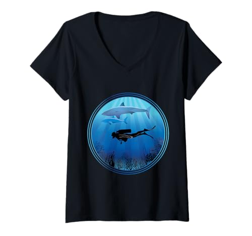 Damen Haitauchen Unterwassertaucher mit Haien T-Shirt mit V-Ausschnitt Damen Haitauchen Unterwassertaucher mit Haien T-Shirt mit V-Ausschnitt von Shark Scuba Diving Design