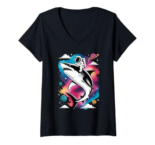 Damen Hai Astronaut Haie Planeten Sonnensystem T-Shirt mit V-Ausschnitt Damen Hai Astronaut Haie Planeten Sonnensystem T-Shirt mit V-Ausschnitt von Sharks Shark Lover Gifts