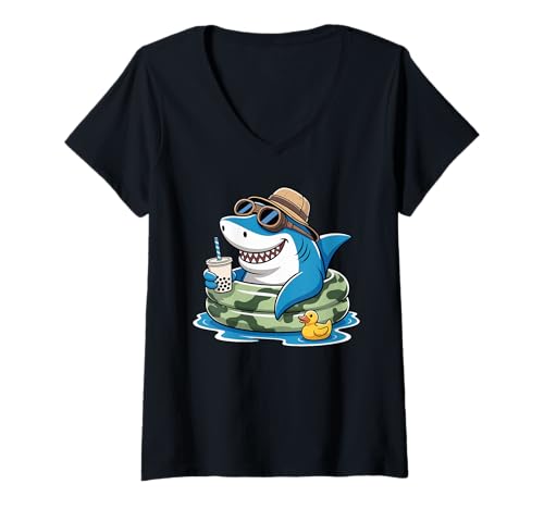 Damen Hai Boba Perlen Milchtee Haie T-Shirt mit V-Ausschnitt Damen Hai Boba Perlen Milchtee Haie T-Shirt mit V-Ausschnitt von Sharks Shark Lover Gifts