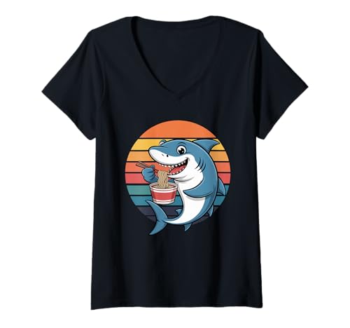 Damen Retro Hai Instant Cup Nudeln Haie T-Shirt mit V-Ausschnitt Damen Retro Hai Instant Cup Nudeln Haie T-Shirt mit V-Ausschnitt von Sharks Shark Lover Gifts