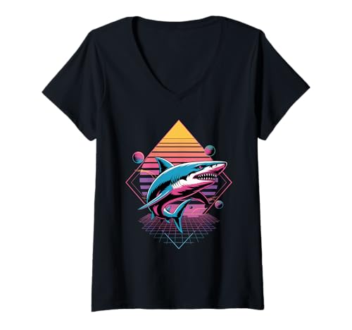 Damen Retro Synthwave Hai Haie T-Shirt mit V-Ausschnitt Damen Retro Synthwave Hai Haie T-Shirt mit V-Ausschnitt von Sharks Shark Lover Gifts