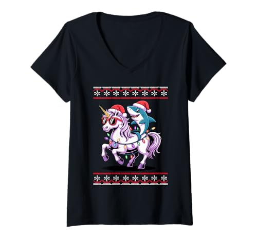 Damen Weihnachten Hai Einhorn Sonnenbrille Haie T-Shirt mit V-Ausschnitt Damen Weihnachten Hai Einhorn Sonnenbrille Haie T-Shirt mit V-Ausschnitt von Sharks Shark Lover Gifts