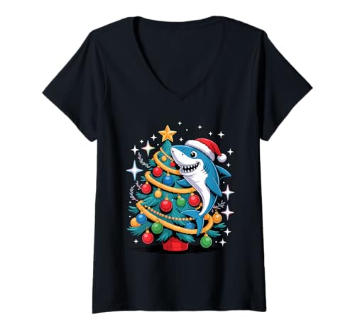Damen Weihnachtsbaum Hai Weihnachtsmütze Haie T-Shirt mit V-Ausschnitt Damen Weihnachtsbaum Hai Weihnachtsmütze Haie T-Shirt mit V-Ausschnitt von Sharks Shark Lover Gifts