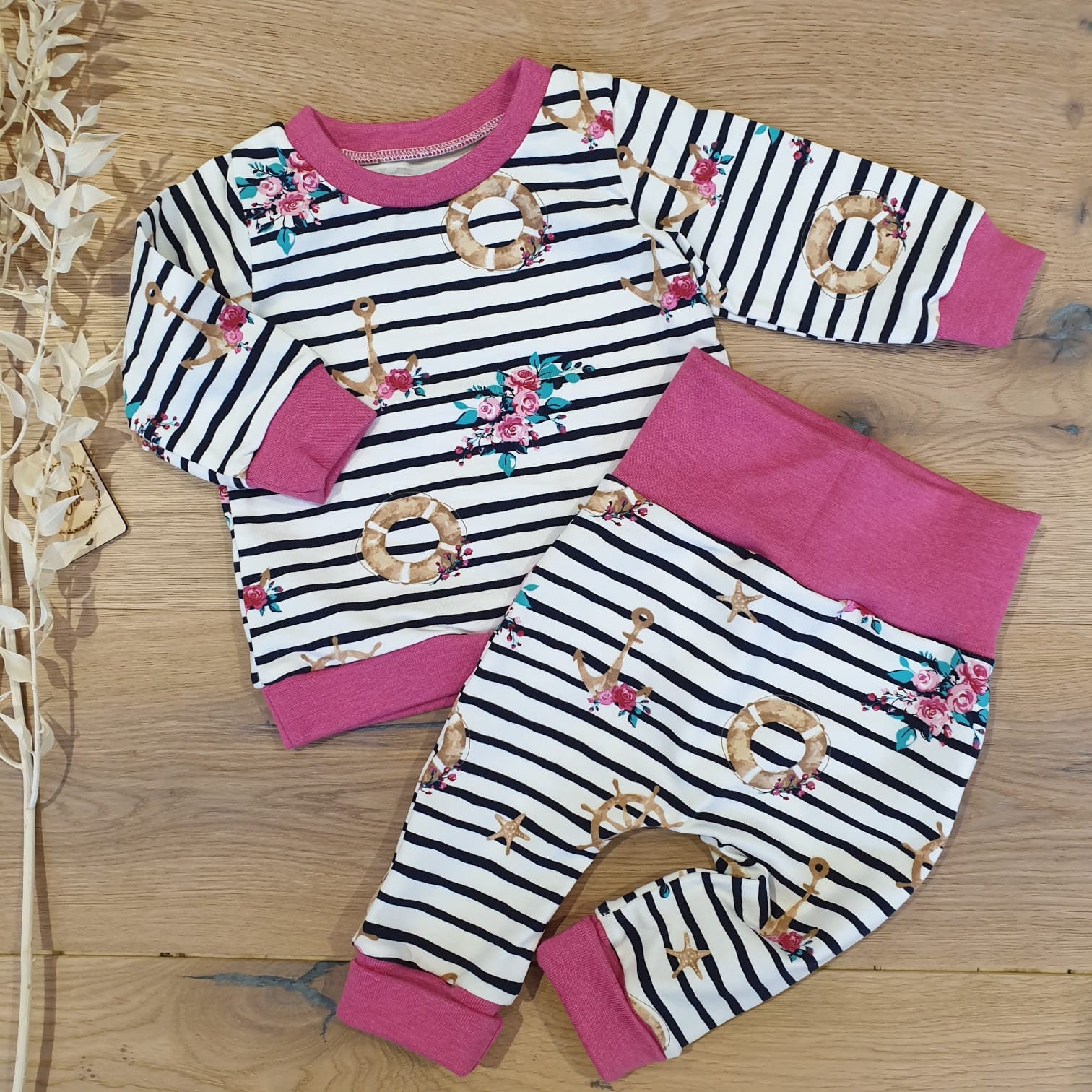 2Er Set - Pink Anker Streifen | Pink Melange Sweater Und Jogging Pants Hose Leggings Von Sharlene Babymode Handmade von SharleneBabymode