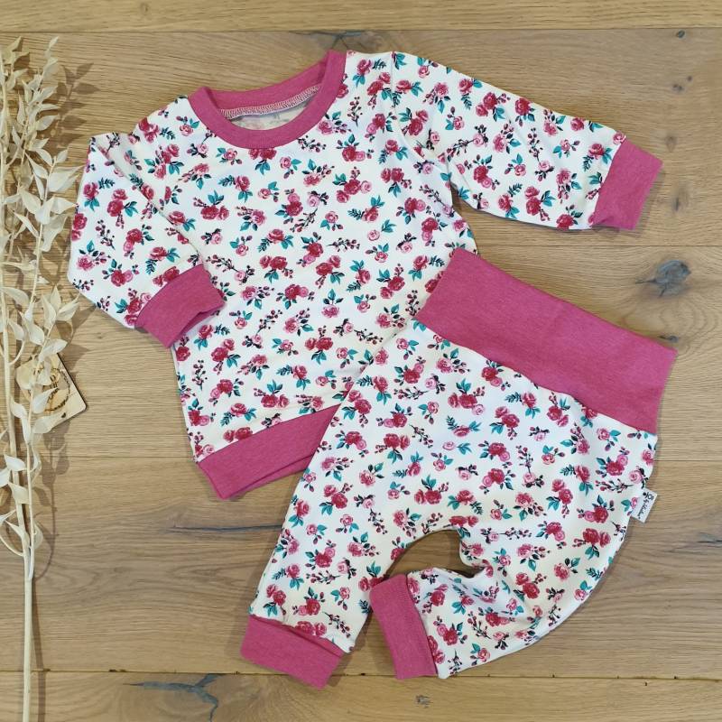 2Er Set - Pink Blumen | Pink Melange Sweater Und Jogging Pants Hose Leggings Von Sharlene Babymode Handmade von SharleneBabymode