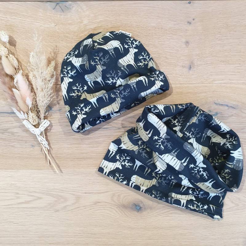 Beanie & Loop - Hirsche Dunkelblau Baby Mütze, Winter, Herbst, Loopschal Babyschal Schlauschal Von Sharlene Babymode von SharleneBabymode
