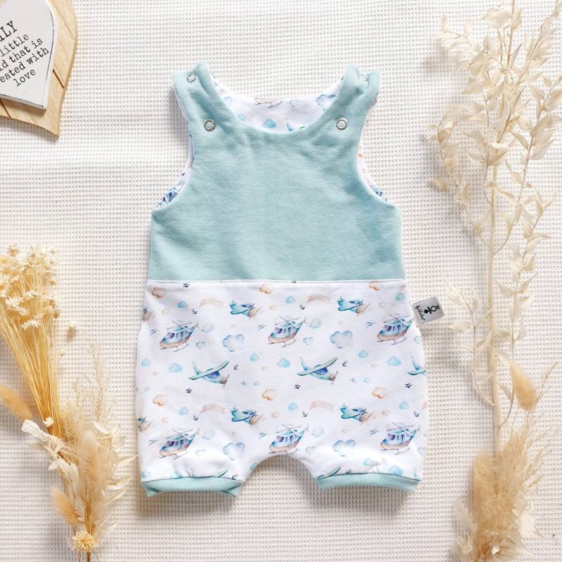Kurzer Strampler - Flugzeuge & Hubschrauber | Hellmint Melange Von Sharlene Babymode Handmade Einteiler Overall Strampelanzug von SharleneBabymode