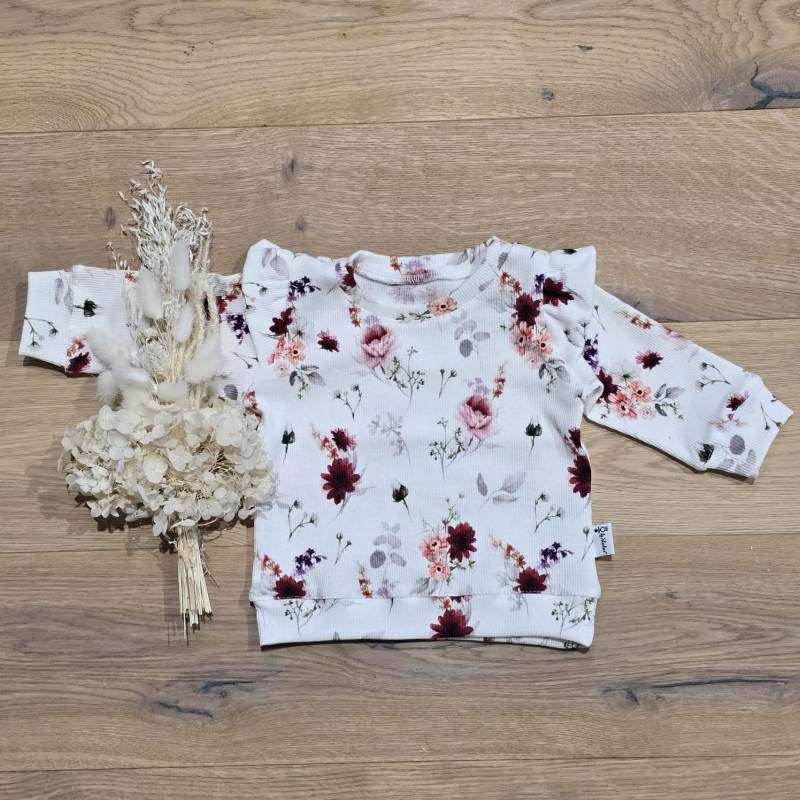 Ripjersey Weiss Blumen - Shirt | Kurzarm Oder Sweater | Langarm Mit Rüschen Von Sharlene Babymode Handmade in Germany von SharleneBabymode
