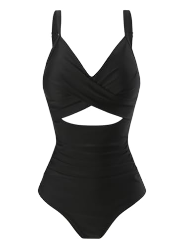 Sharmu Damen Badeanzug mit Zierausschnitten V Neck Retro Schlankheits Einteilige Push up Bademode(Black,L) von Sharmu