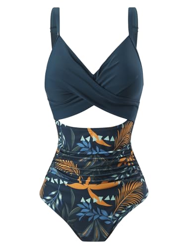 Sharmu Damen Badeanzug mit Zierausschnitten V Neck Retro Schlankheits Einteilige Push up Bademode(Blue Leaf,XL) von Sharmu