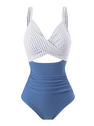 Sharmu Damen Badeanzug mit Zierausschnitten V Neck Retro Schlankheits Einteilige Push up Bademode(Blue Striped,M) von Sharmu
