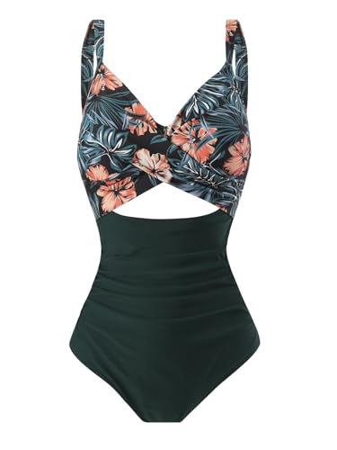 Sharmu Damen Badeanzug mit Zierausschnitten V Neck Retro Schlankheits Einteilige Push up Bademode(Green Flower,L) von Sharmu