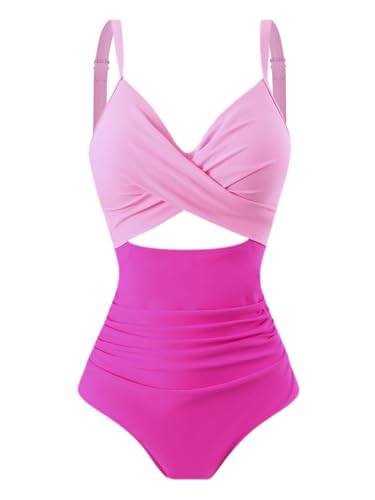 Sharmu Damen Badeanzug mit Zierausschnitten V Neck Retro Schlankheits Einteilige Push up Bademode(Pink,XL) von Sharmu