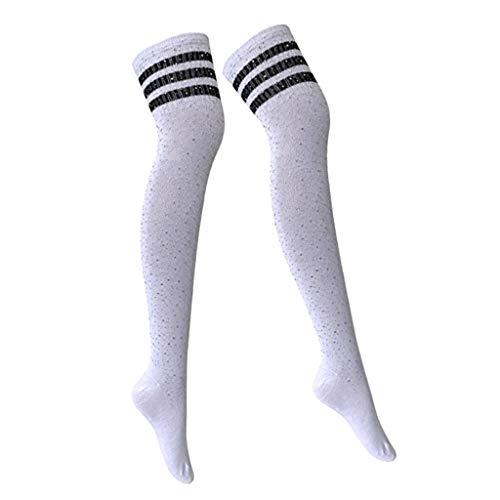 Sharplace Damen Kniestrümpfe mit Streifen und Strass, dehnbar, Baumwolle Overknee Strümpfe Überknie Kniestrümpfe Damen Thigh High Socks Lange Gestreifte Socken, 65cm, Weiß mit schwarzen Streifen von Sharplace