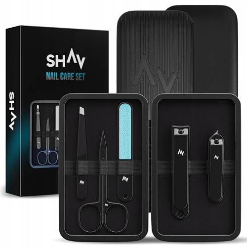 Maniküre Set Männer Shav 5 teilig Nagelpflege Set aus Edelstahl mit Etui Schere Nagelknipser Feile Pinzette Pediküre kompakt für Reise und Zuhause von Shav