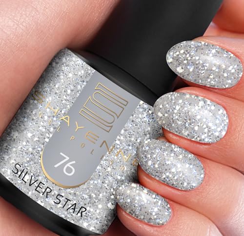 SHAYENNE MADE in GERMANY Shellac Gel Nagellack 15 ml für UV LED Lampe | 65 Silver Silber Glitter | Gel Nail Polish Lamp | Nagel Lack Gellack Nagelgel von Shayenne