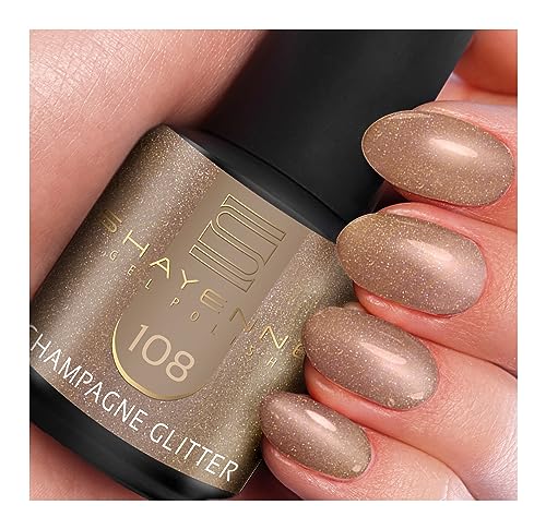 SHAYENNE MADE in GERMANY Shellac Gel Nagellack 15 ml für UV LED Lampe | 108 Champagne Glitter Glitzer Gold | Gel Nail Polish for UV Nail Lamp | LED Nagel Lack Gellack Nagelgel von Shayenne