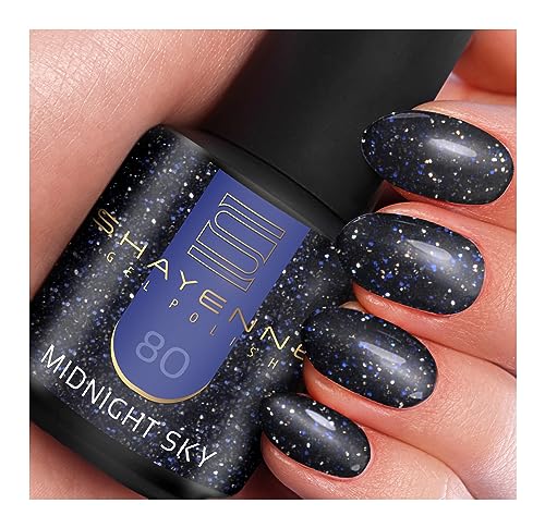 SHAYENNE MADE in GERMANY Shellac Gel Nagellack 15 ml für UV LED Lampe | 80 Midnight Sky Glitter Glitzer Schwarz | Gel Nail Polish for UV Nail Lamp | LED Nagel Lack Gellack Nagelgel von Shayenne