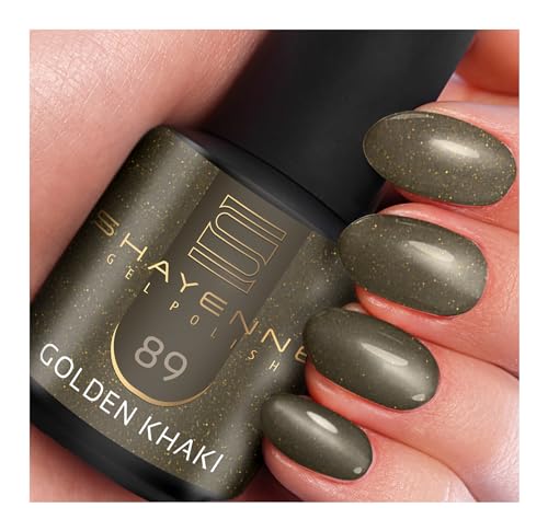 SHAYENNE MADE in GERMANY Shellac Gel Nagellack 15 ml für UV LED Lampe | 89 Golden Khaki Glitter Glitzer Gold | Gel Nail Polish for UV Nail Lamp | LED Nagel Lack Gellack Nagelgel von Shayenne