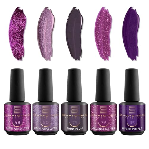 SHAYENNE Shellac Gel Nagellack 5 Lila Violett Glitzer Töne je 15 ml für UV LED Lampe | MADE in GERMANY Gesamt 75 ml | Gel Nail Polish for Lamp | Nagel Lack Gellack Nagelgel Variant 7 von Shayenne