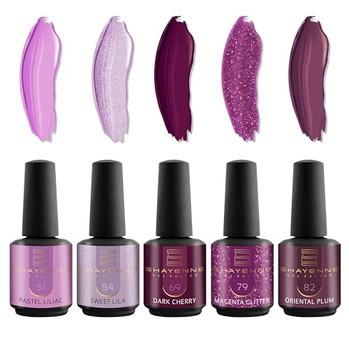 SHAYENNE Shellac Gel Nagellack 5 Lila Violett Glitzer Töne je 15 ml für UV LED Lampe | MADE in GERMANY Gesamt 75 ml | Gel Nail Polish for Lamp | Nagel Lack Gellack Nagelgel Variant 8 von Shayenne