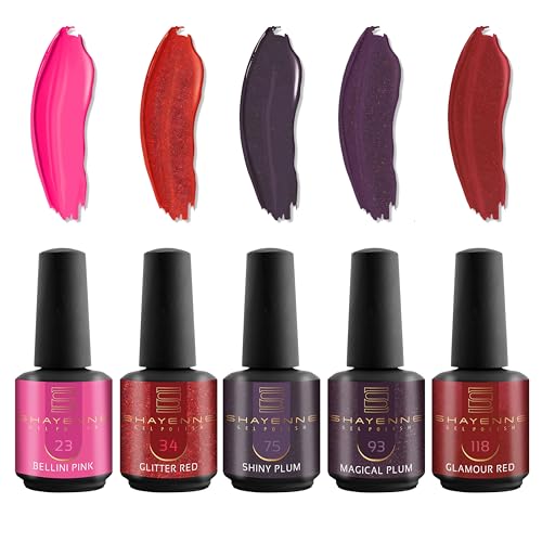 SHAYENNE Shellac Gel Nagellack 5 Rot Rosa Lila Violett Glitzer Töne je 15 ml für UV LED Lampe | MADE in GERMANY Gesamt 75 ml | Nail Polish Lamp | Nagel Lack Gellack Nagelgel Variant 12 von Shayenne