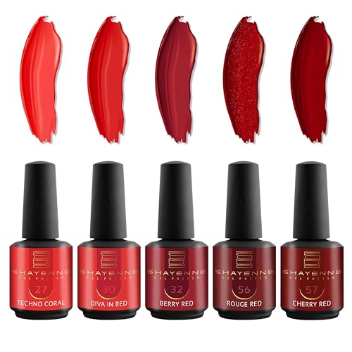 SHAYENNE UV Gel Nagellack 5 Rot Töne je 15 ml für UV LED Lampe | MADE in GERMANY Gesamt 75 ml | Gel Nail Polish for UV Nail Lamp | LED Nagel Lack Gellack Nagelgel Variant 9 von Shayenne