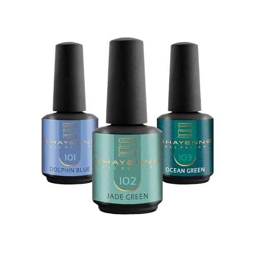 SHAYENNE UV Nagellack Set -MADE in GERMANY 3 Stück - 101 Dolphin Blue Blau 15 ml - 102 Jade Green Grün 15ml - 103 Ocean Green Glitter 15ml Gel Farblack Gellack Nagel Lack Nail Polish Nagelgel Shellac von Shayenne