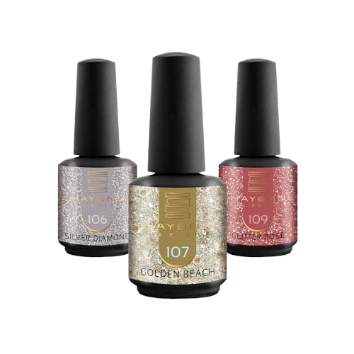 SHAYENNE UV Nagellack Set -MADE in GERMANY 3 Stück - 106 Silver Diamond 15 ml - 107 Golden Beach 15ml - 109 Glitter Rose 15ml Gel Farblack Gellack Nagel Lack Nail Polish Nagelgel Shellac von Shayenne