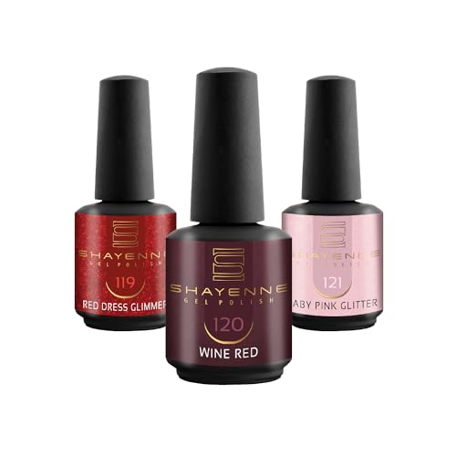 SHAYENNE UV Nagellack Set -MADE in GERMANY 3 Stück - 119 Red Dress Glimmer 15 ml - 120 Wine Red Rot 15ml - 121 Baby Pink Glitter 15ml Gel Farblack Gellack Nagel Lack Nail Polish Nagelgel Shellac von Shayenne