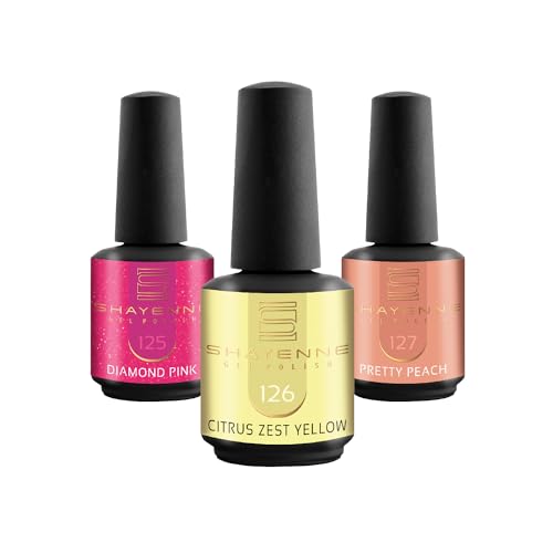 SHAYENNE UV Nagellack Set -MADE in GERMANY 3 Stück - 125 Diamond Pink Glitter 15 ml - 126 Citrus Zest Yellow 15ml - 127 Pretty Peach 15ml Gel Farblack Gellack Nagel Lack Nail Polish Nagelgel Shellac von Shayenne