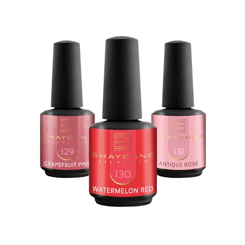 SHAYENNE UV Nagellack Set -MADE in GERMANY 3 Stück - 129 Grapefruit Pink Glitter 15 ml - 130 Watermelon Red 15ml - 131 Antique Rose 15ml Gel Farblack Gellack Nagel Lack Nail Polish Nagelgel Shellac von Shayenne