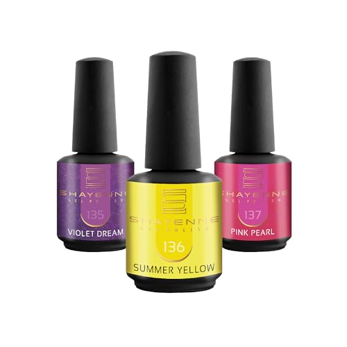 SHAYENNE UV Nagellack Set -MADE in GERMANY 3 Stück - 135 Violet Dream Glitter 15 ml - 136 Summer Yellow 15ml - 137 Pink Pearl 15ml Gel Farblack Gellack Nagel Lack Nail Polish Nagelgel Shellac von Shayenne