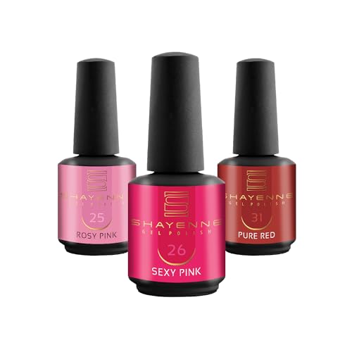 SHAYENNE UV Nagellack Set -MADE in GERMANY 3 Stück - 25 Rosy Pink Rosa 15 ml - 26 Sexy Pink 15ml - 31 Pure Red Rot 15ml Gel Farblack Gellack Nagel Lack Nail Polish Nagelgel Shellac von Shayenne