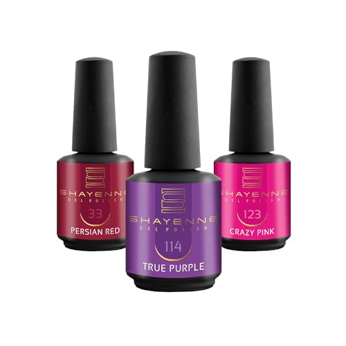 SHAYENNE UV Nagellack Set -MADE in GERMANY 3 Stück - 33 Persian Red Rot 15 ml - 114 True Purple Lila 15ml - 123 Crazy Pink 15ml Gel Farblack Gellack Nagel Lack Nail Polish Nagelgel Shellac von Shayenne