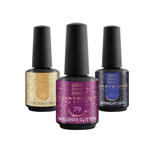 SHAYENNE UV Nagellack Set -MADE in GERMANY 3 Stück - 78 Golden Glam 15 ml - 79 Magenta Glitter 15ml - 80 Midnight Sky 15ml Gel Farblack Gellack Nagel Lack Nail Polish Nagelgel Shellac von Shayenne