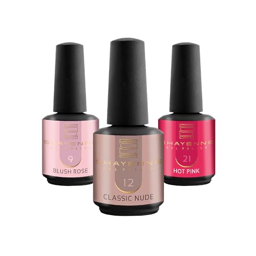 SHAYENNE UV Nagellack Set -MADE in GERMANY 3 Stück - 9 Blush Rose Rosa 15 ml - 12 Classic Nude 15ml - 21 Hot Pink 15ml Gel Farblack Gellack Nagel Lack Nail Polish Nagelgel Shellac von Shayenne