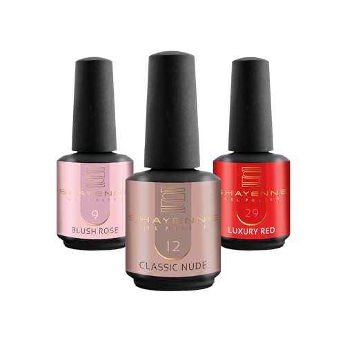 SHAYENNE UV Nagellack Set -MADE in GERMANY 3 Stück - 9 Blush Rose Rosa 15 ml - 12 Classic Nude 15ml - 29 Luxury Red Rot 15ml Gel Farblack Gellack Nagel Lack Nail Polish Nagelgel Shellac von Shayenne