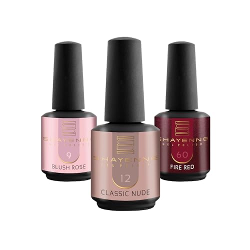 SHAYENNE UV Nagellack Set -MADE in GERMANY 3 Stück - 9 Blush Rose Rosa 15 ml - 12 Classic Nude 15ml - 60 Fire Red Rot Glitter Glitzer 15ml Gel Farblack Gellack Nagel Lack Nail Polish Nagelgel Shellac von Shayenne